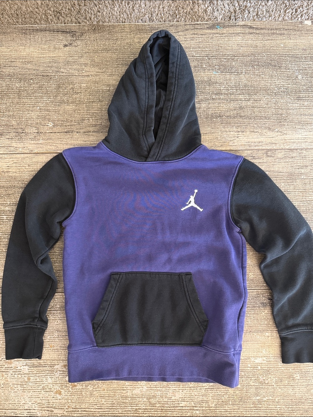 Jordan Nike big boys purple and black color block hoodie.